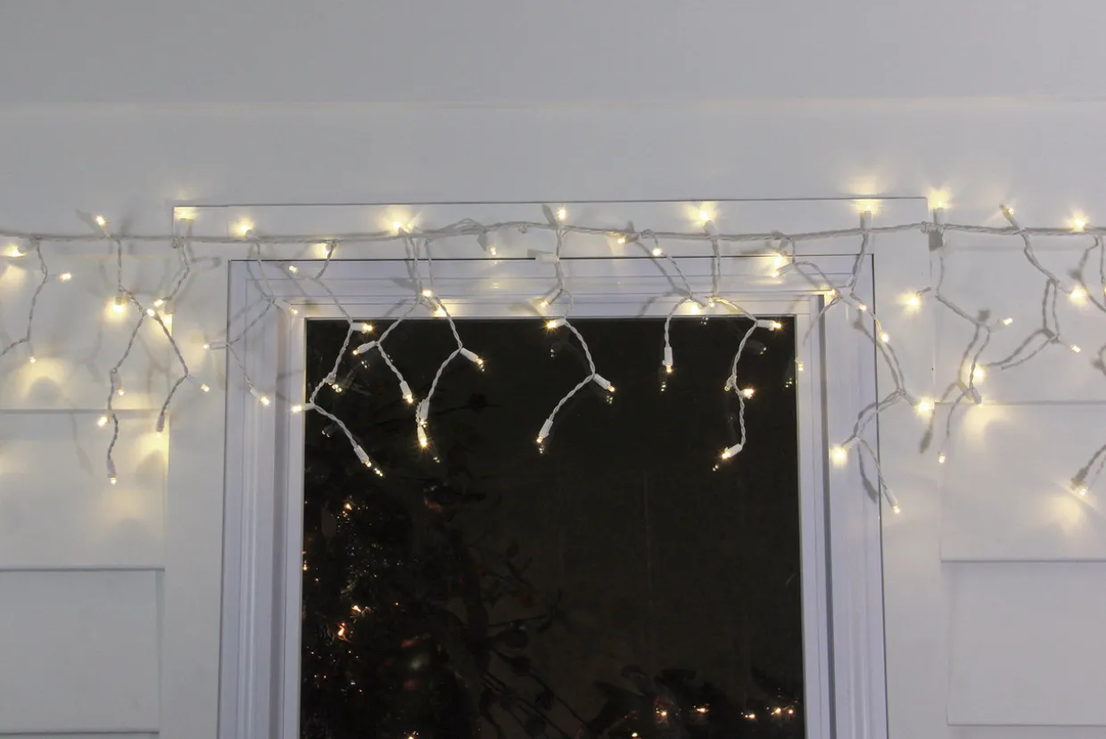 100ct Warm White LED Wide Angle Icicle Christmas Lights, White Wire