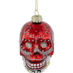 Day of the Dead Skull Head Glitter Glass Christmas Ornament - 3.5" - Red