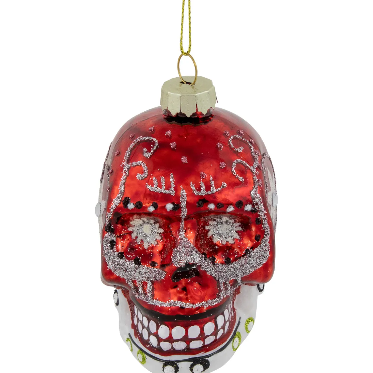 Day of the Dead Skull Head Glitter Glass Christmas Ornament - 3.5" - Red