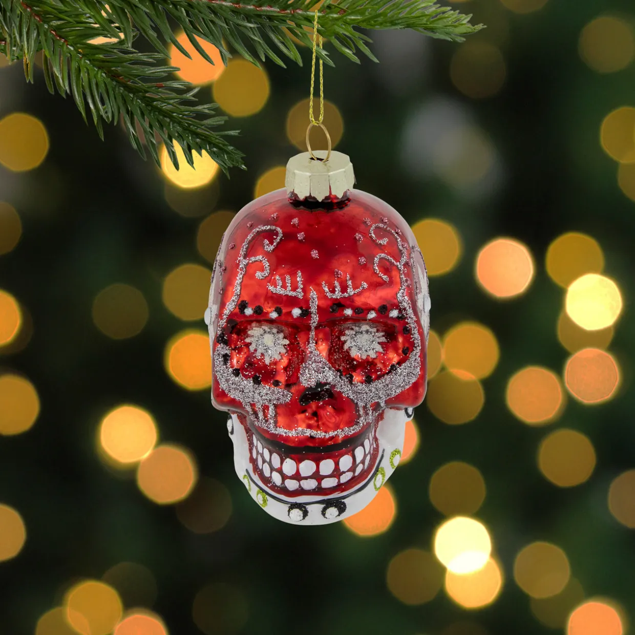 Day of the Dead Skull Head Glitter Glass Christmas Ornament - 3.5" - Red