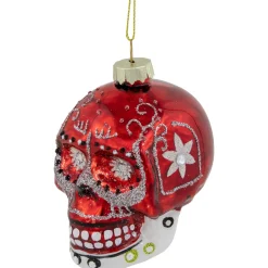 Day of the Dead Skull Head Glitter Glass Christmas Ornament - 3.5
