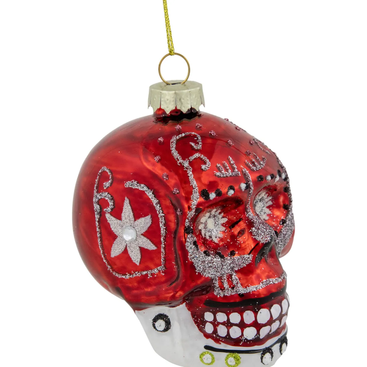 Day of the Dead Skull Head Glitter Glass Christmas Ornament - 3.5" - Red