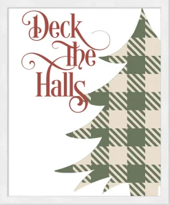 Deck the Halls - Plaid Tree 10" x 12.5" Framed Christmas Wall Decor Art Print Sign Poster in a Natural Wooden Frame with UV Acrylic and Hangers