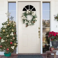 Decorated Cream Colored Poinsettia and Berry Artificial Christmas Wreath, 24-Inch, Unlit