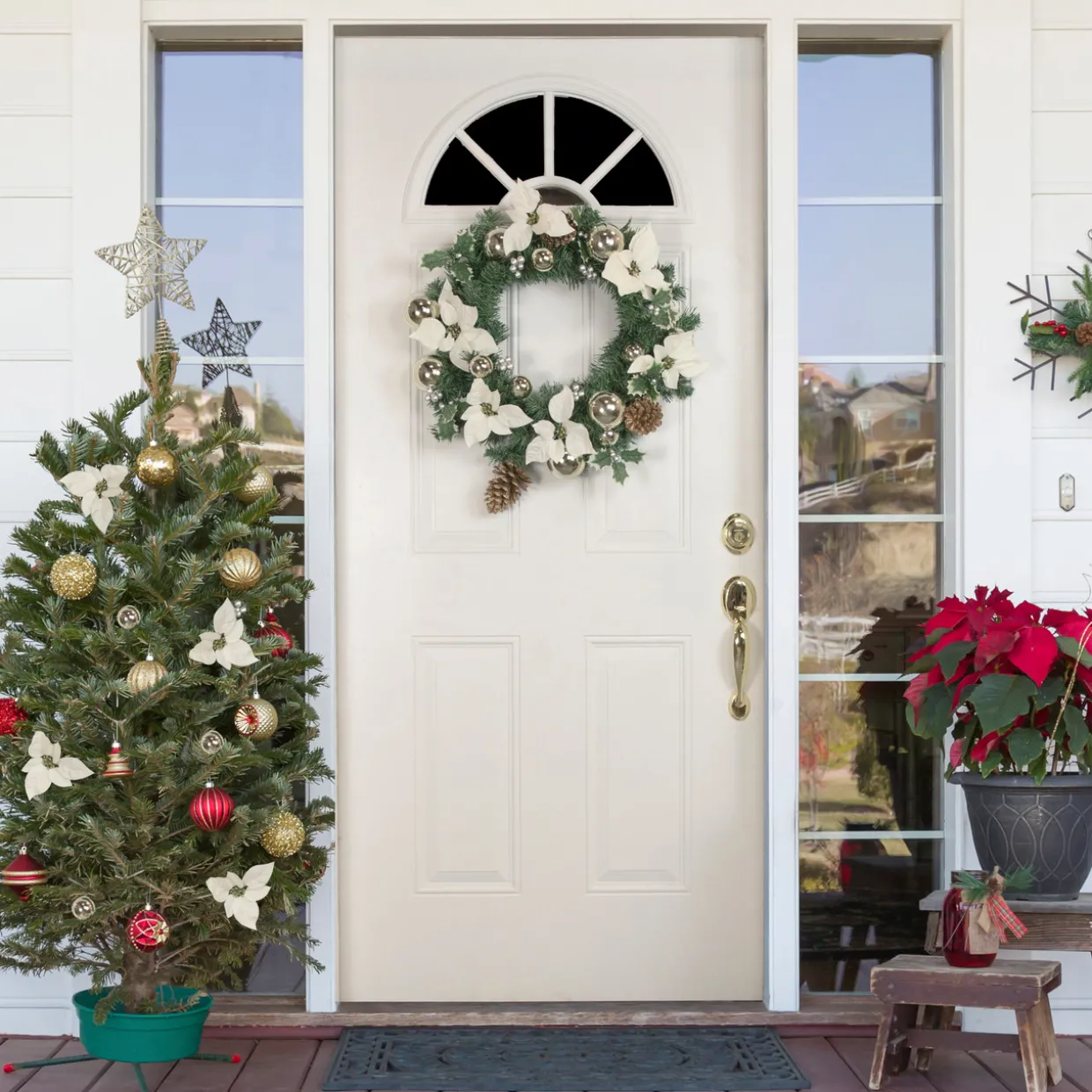 Decorated Cream Colored Poinsettia and Berry Artificial Christmas Wreath, 24-Inch, Unlit