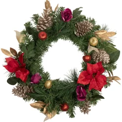 Decorated Red Poinsettia and Rose Artificial Christmas Wreath, 24-inch, Unlit