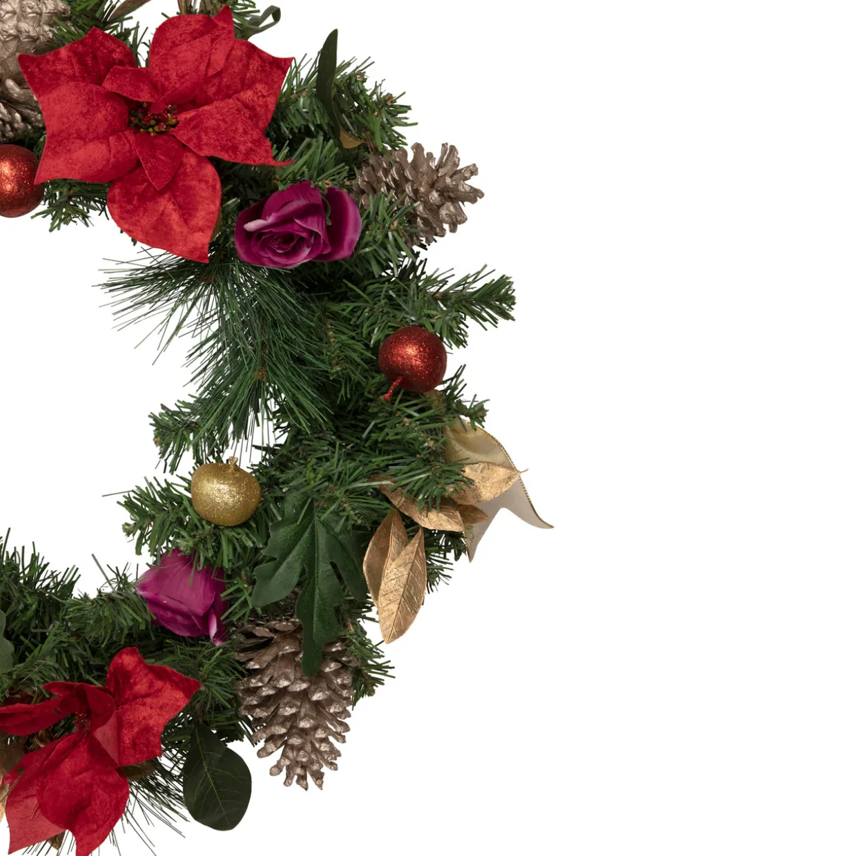 Decorated Red Poinsettia and Rose Artificial Christmas Wreath, 24-inch, Unlit