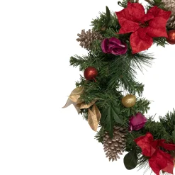 Decorated Red Poinsettia and Rose Artificial Christmas Wreath, 24-inch, Unlit