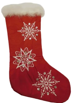 Embellished Red Satin Sequin & Faux Fur Christmas Holiday Stocking Snowflakes