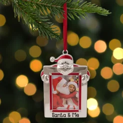 Embellished "Santa and Me" Photo Frame Christmas Ornament - 3.5" - Silver and Red