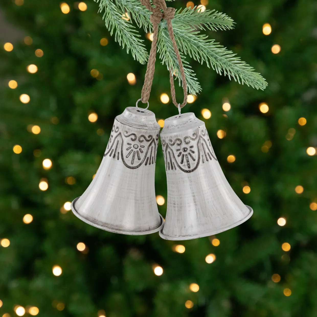 Embossed Bells Christmas Ornaments - 6" - White - Set of 2