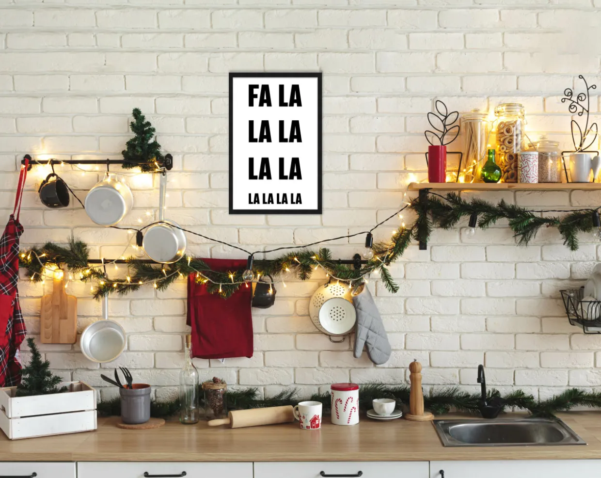 FA LA LA LA 17.5" x 23.5" Framed Christmas Wall Decor Art Print Sign Poster in a Black Wooden Frame with UV Acrylic and Hangers