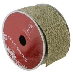 Faded Green and Brown Burlap Christmas Wired Craft Ribbon 2.5" x 10 Yards