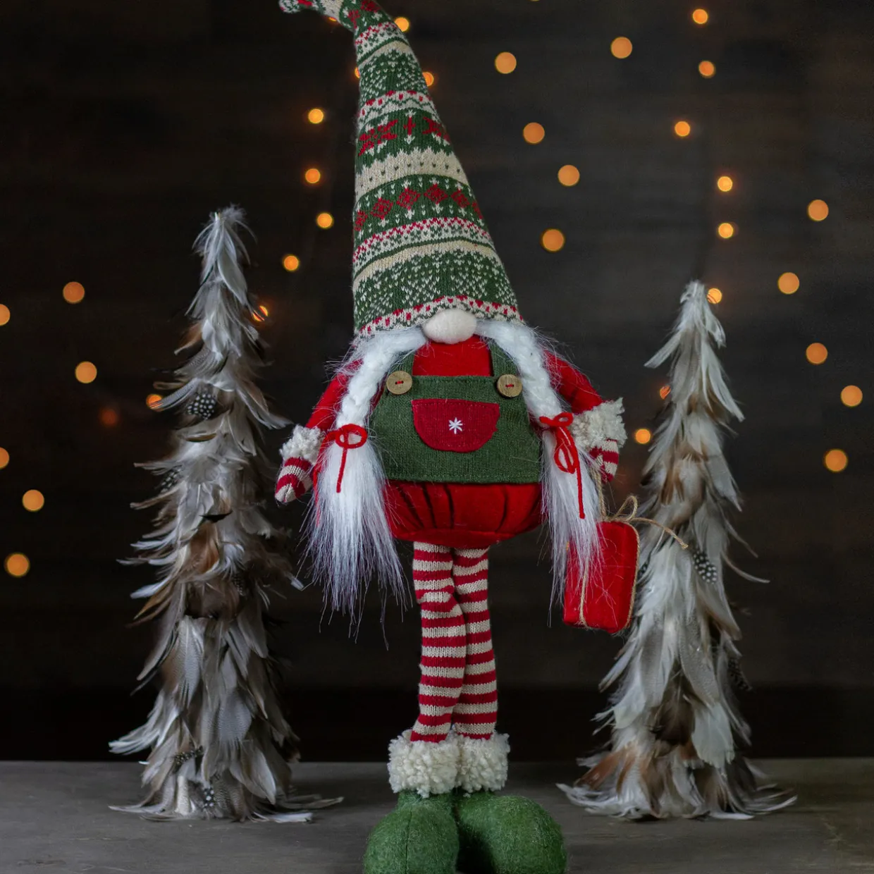 Fair Isle Standing Gnome Girl Christmas Figure - 28" - Red and Green