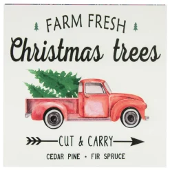 Farm Fresh Christmas Trees and Truck Wooden Wall Sign with Plaid Trim - 8"