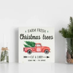 Farm Fresh Christmas Trees and Truck Wooden Wall Sign with Plaid Trim - 8"