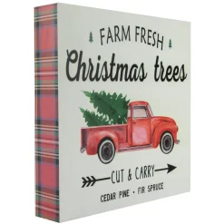 Farm Fresh Christmas Trees and Truck Wooden Wall Sign with Plaid Trim - 8