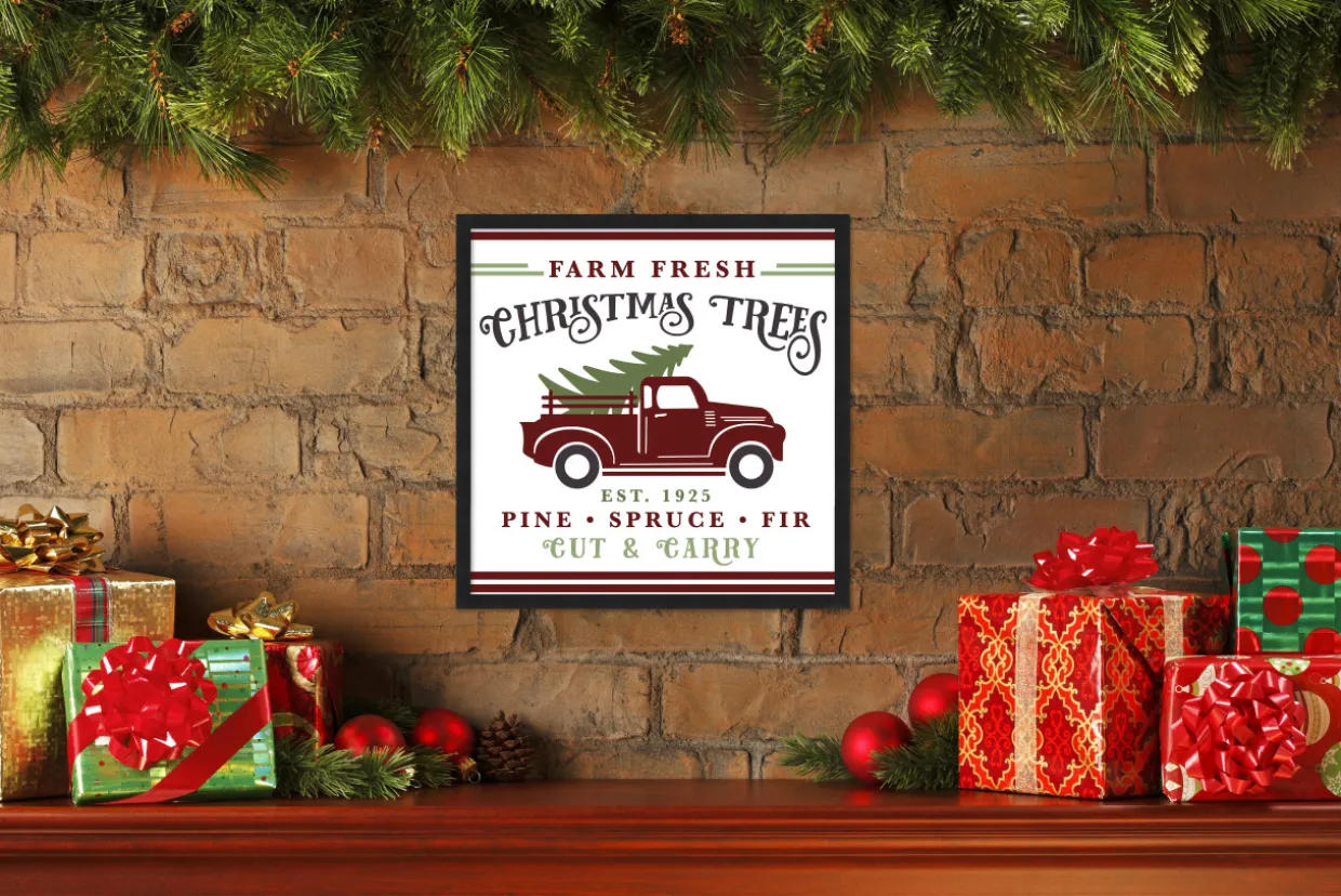 Farm Fresh Christmas Trees 15.5" x 15.5" Framed Christmas Wall Decor Art Print Sign Poster in a Black Wooden Frame with UV Acrylic and Hangers