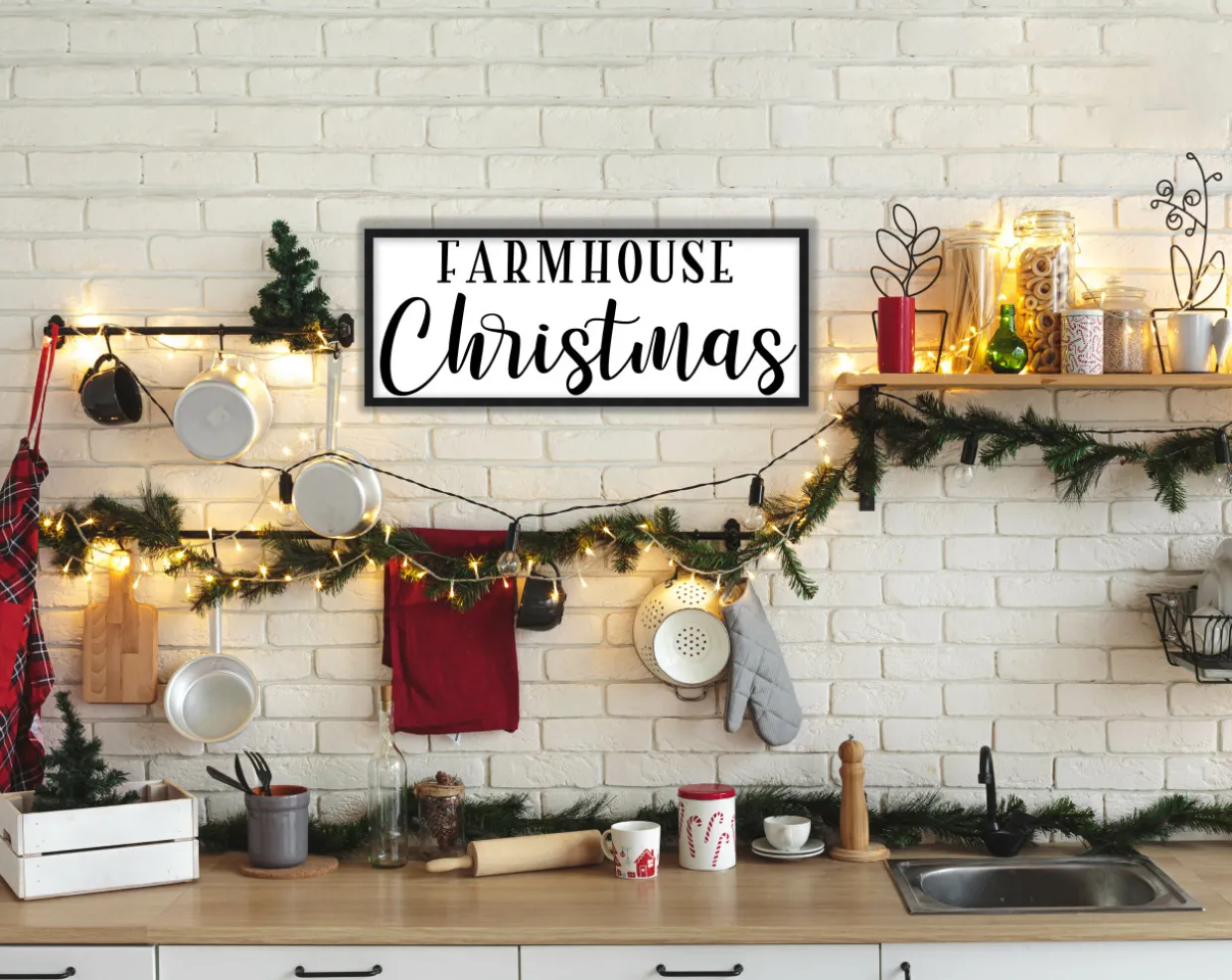 Farmhouse Christmas 10.5" x 25.5" Framed Christmas Wall Decor Art Print Sign Poster in a Black Wooden Frame with UV Acrylic and Hangers