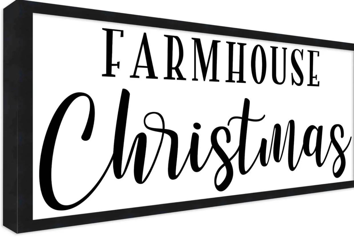 Farmhouse Christmas 10.5" x 25.5" Framed Christmas Wall Decor Art Print Sign Poster in a Black Wooden Frame with UV Acrylic and Hangers