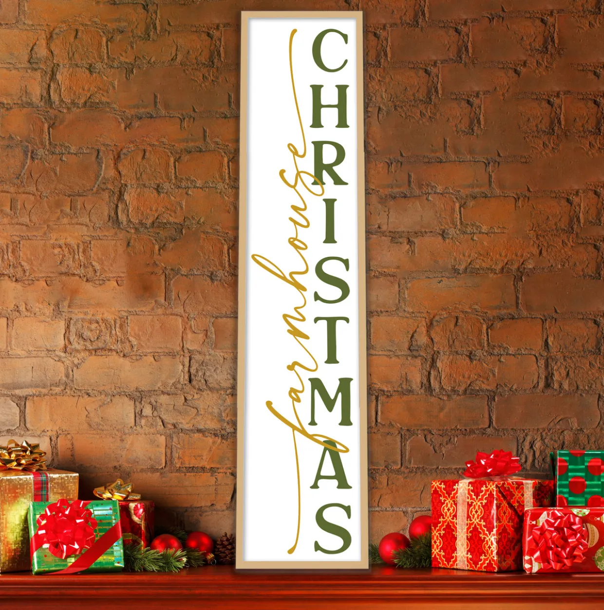 Farmhouse Christmas Tall 10" x 43.5" Framed Christmas Wall Decor Art Print Sign Poster in a Natural Wooden Frame with UV Acrylic and Hangers