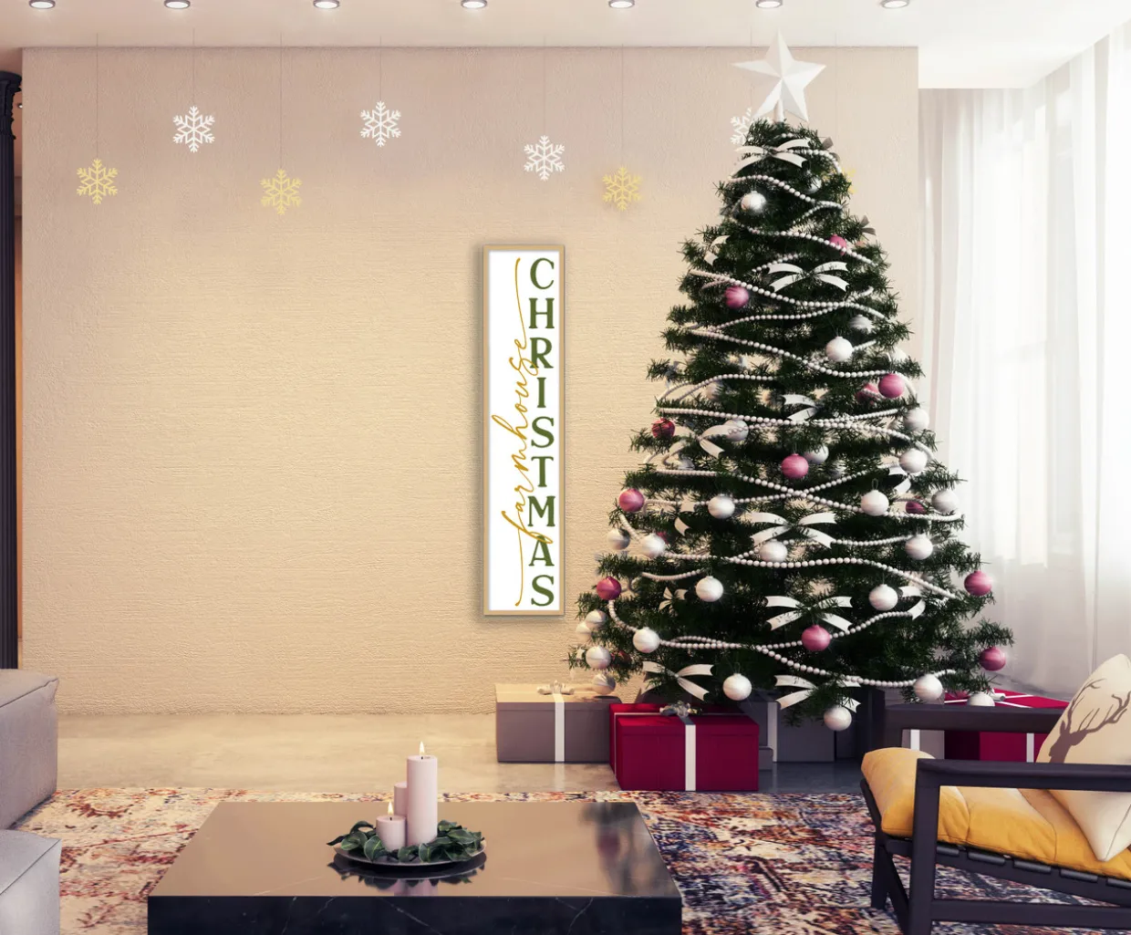 Farmhouse Christmas Tall 10" x 43.5" Framed Christmas Wall Decor Art Print Sign Poster in a Natural Wooden Frame with UV Acrylic and Hangers