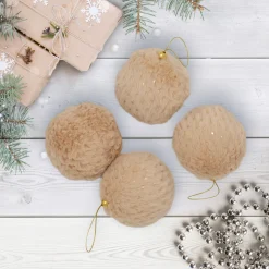 Faux Fur and Sequin Christmas Ball Ornaments - 2.75" - Beige - Set of 4