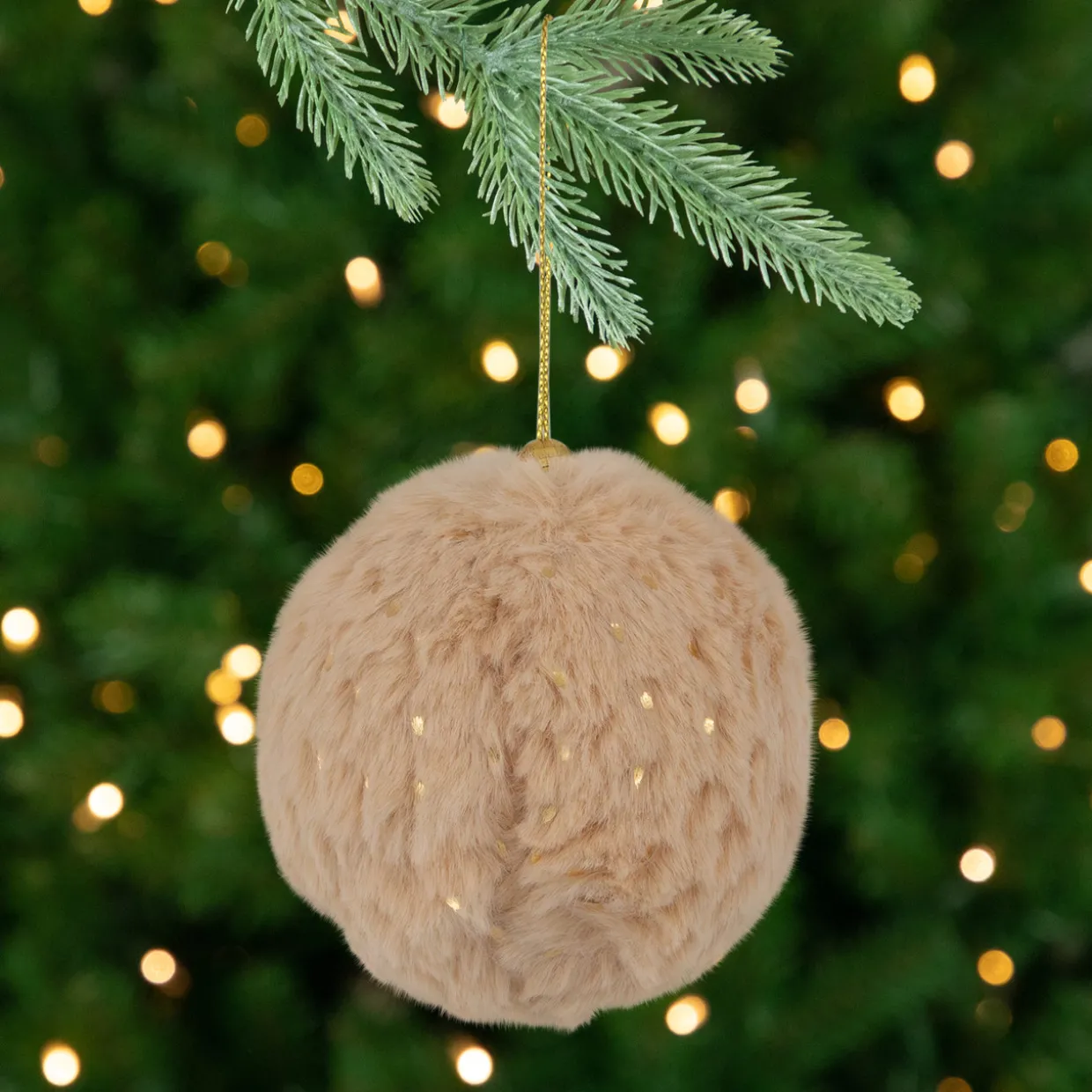 Faux Fur and Sequin Christmas Ball Ornaments - 2.75" - Beige - Set of 4