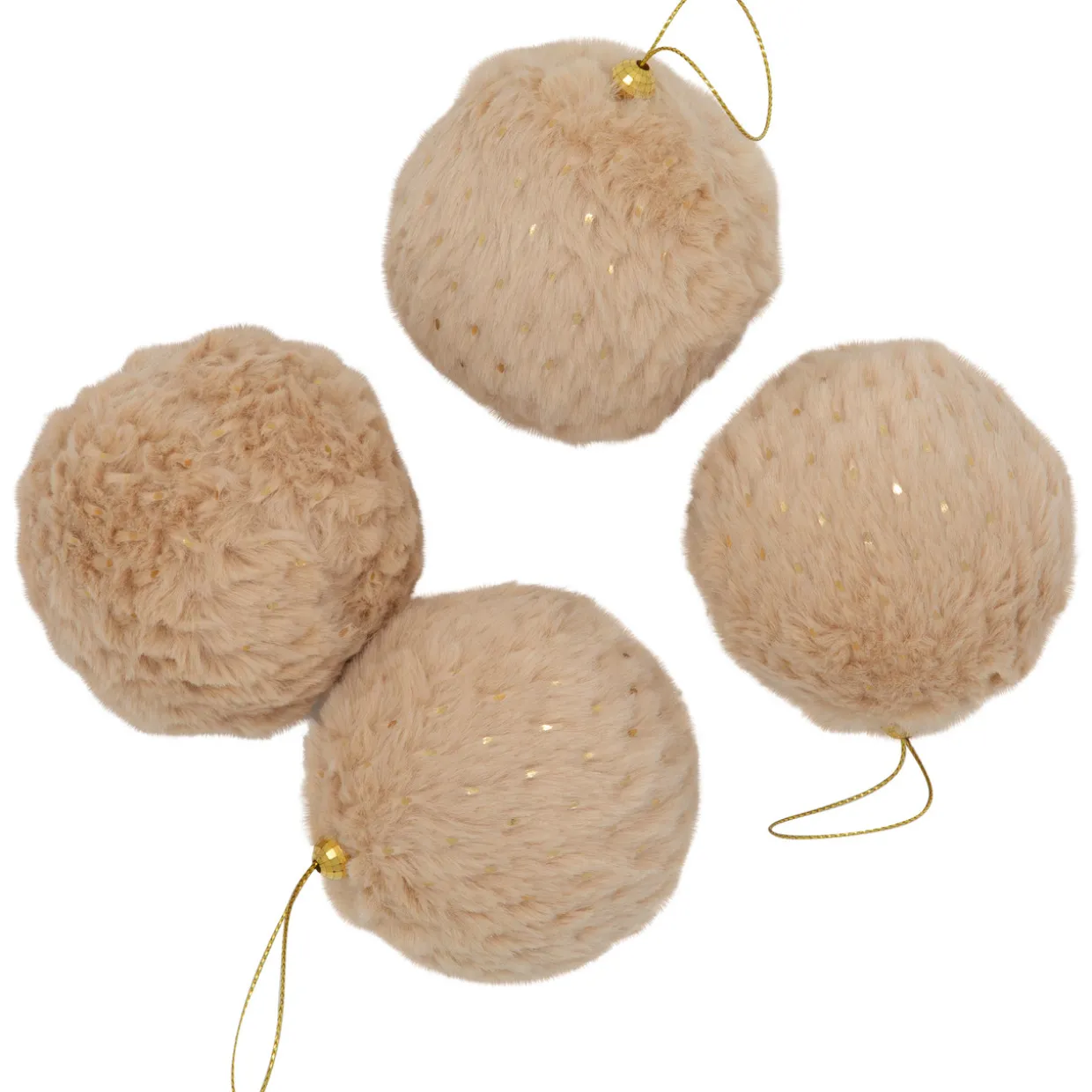 Faux Fur and Sequin Christmas Ball Ornaments - 2.75" - Beige - Set of 4