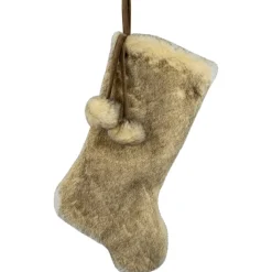 Faux Fur Christmas Stocking with Pom Poms - 20.5" - Beige and Brown