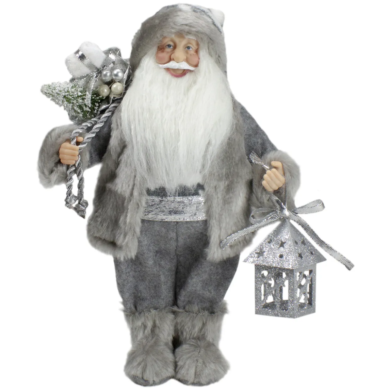 Faux Fur Standing Santa Claus Christmas Figurine with Bag and Lantern - 12"