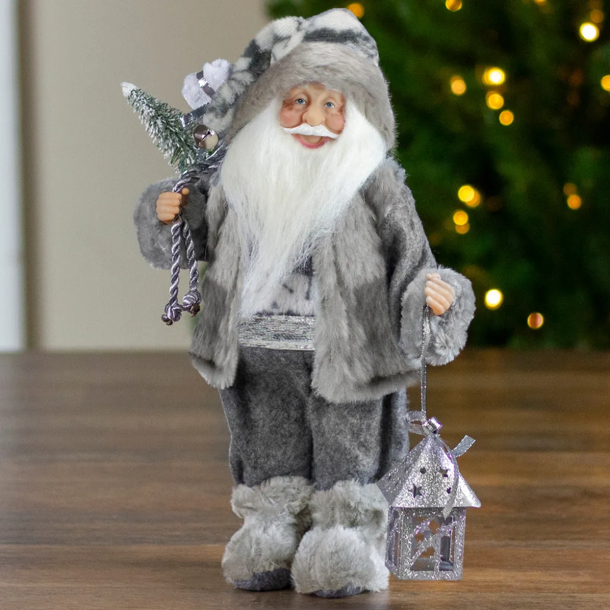 Faux Fur Standing Santa Claus Christmas Figurine with Bag and Lantern - 12"