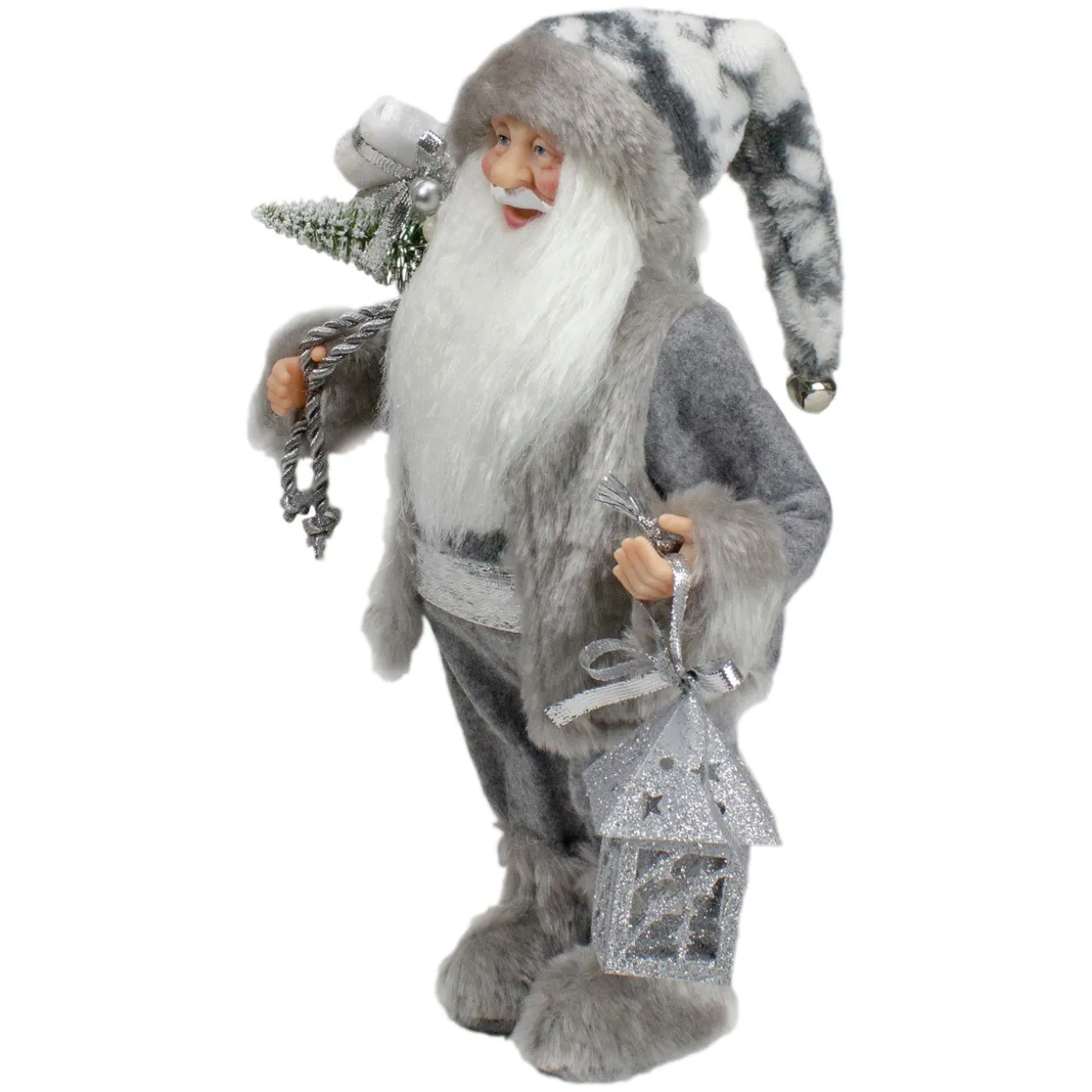 Faux Fur Standing Santa Claus Christmas Figurine with Bag and Lantern - 12"