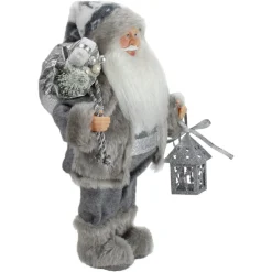 Faux Fur Standing Santa Claus Christmas Figurine with Bag and Lantern - 12