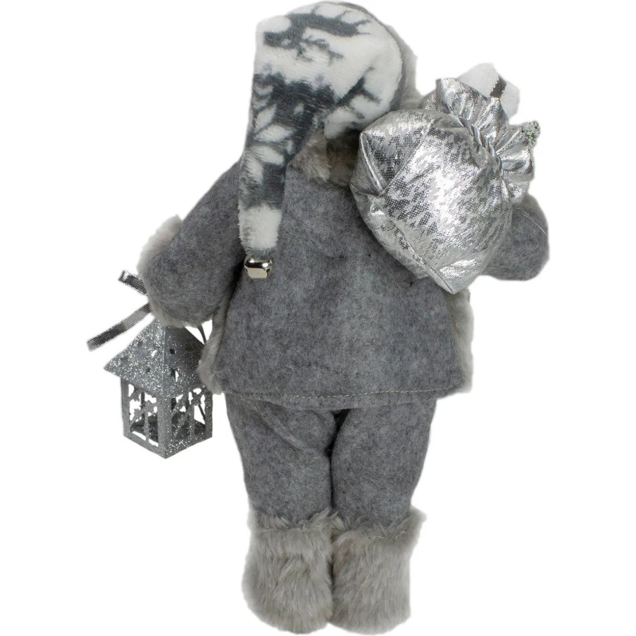 Faux Fur Standing Santa Claus Christmas Figurine with Bag and Lantern - 12"