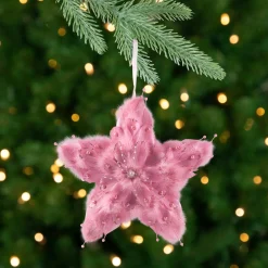Feather Star Glittered Christmas Ornament with Hearts -12" - Pink
