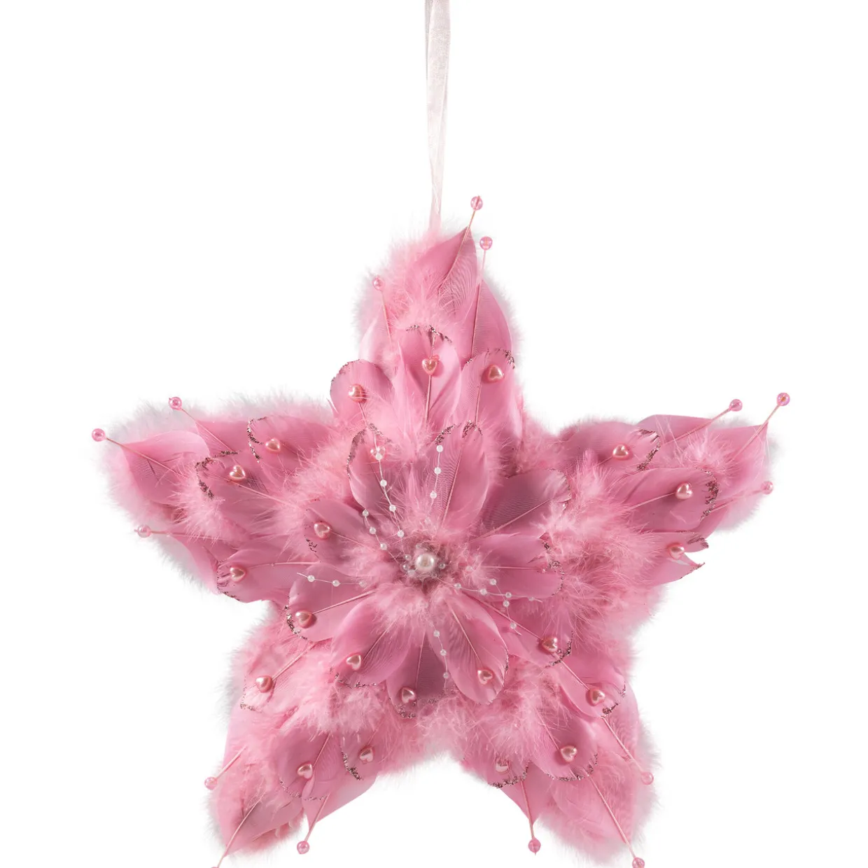 Feather Star Glittered Christmas Ornament with Hearts -12" - Pink