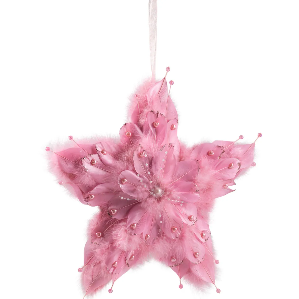 Feather Star Glittered Christmas Ornament with Hearts -12" - Pink
