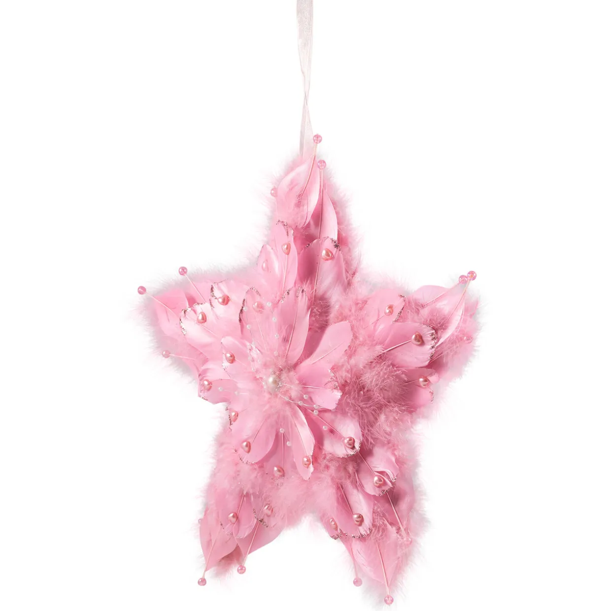Feather Star Glittered Christmas Ornament with Hearts -12" - Pink
