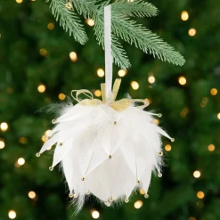 Feathers with Bead Accents Christmas Ball Ornament - 5" - White