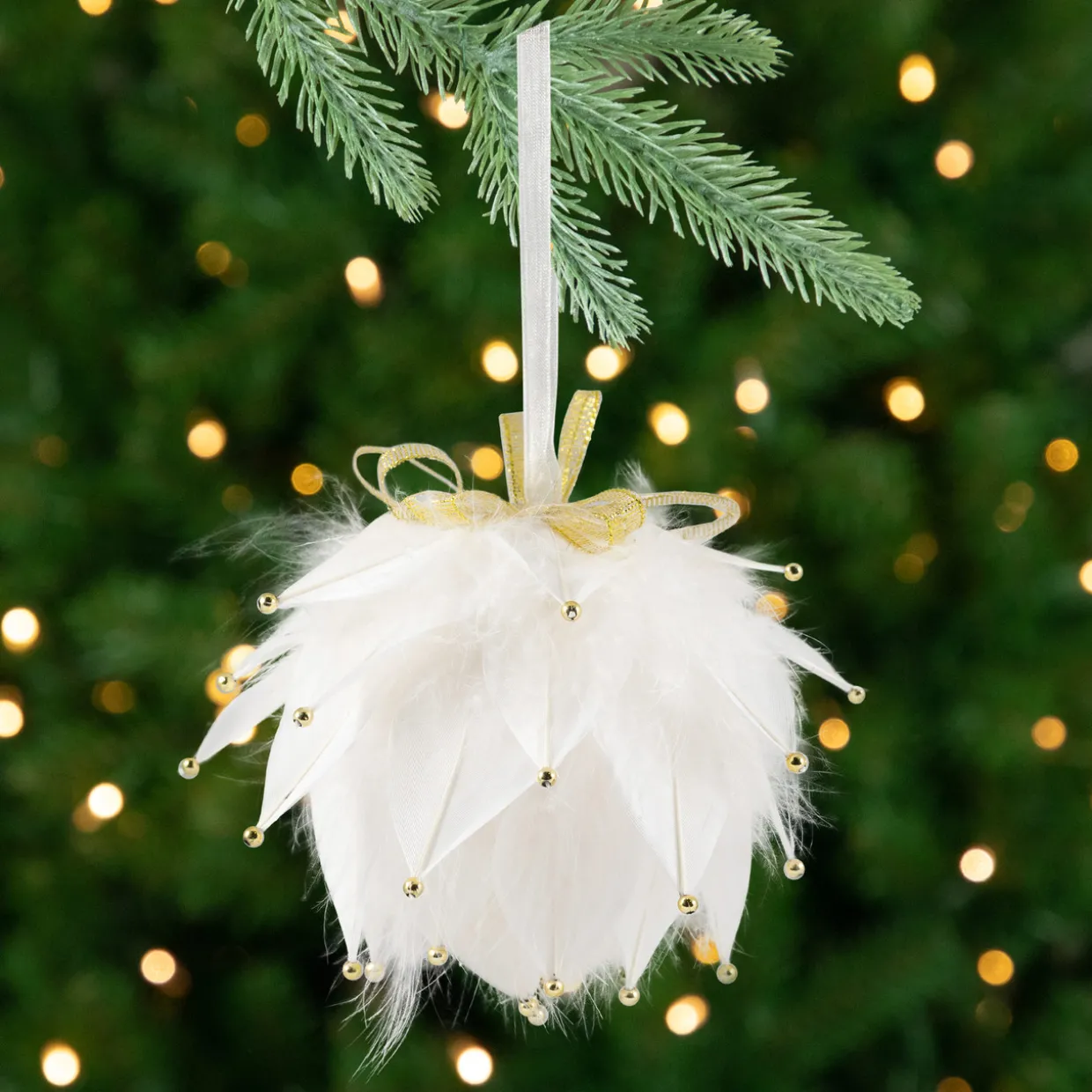 Feathers with Bead Accents Christmas Ball Ornament - 5" - White