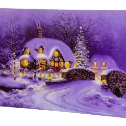 Fiber Optic and LED Lighted Snowy Christmas House Canvas Wall Art 12" x 15.75"