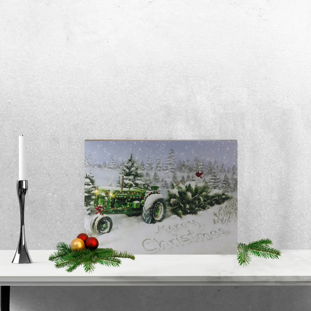 Fiber Optic and LED Lighted Merry Christmas Tractor Canvas Wall Art 12" x 15.75"