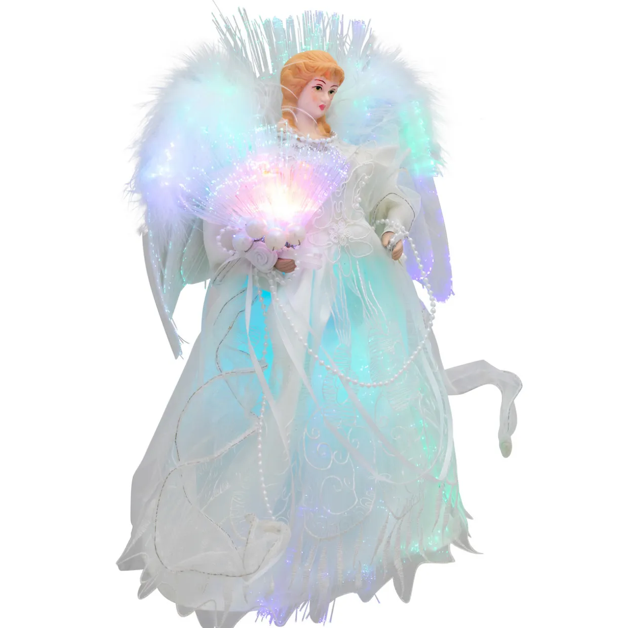 Fiber Optic Color-Changing Angel with Dove Christmas Tree Topper - 12" - White