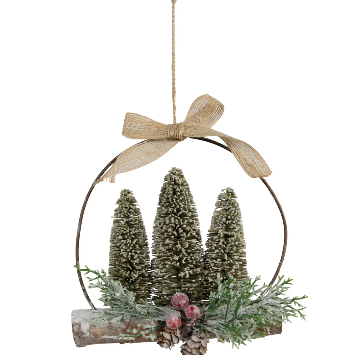 Flocked Bottle Brush Trees with Wooden Log Christmas Ornament - 7"