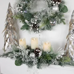 Flocked Pine Triple Candle Holder with Iridescent Christmas Ornaments - 30"