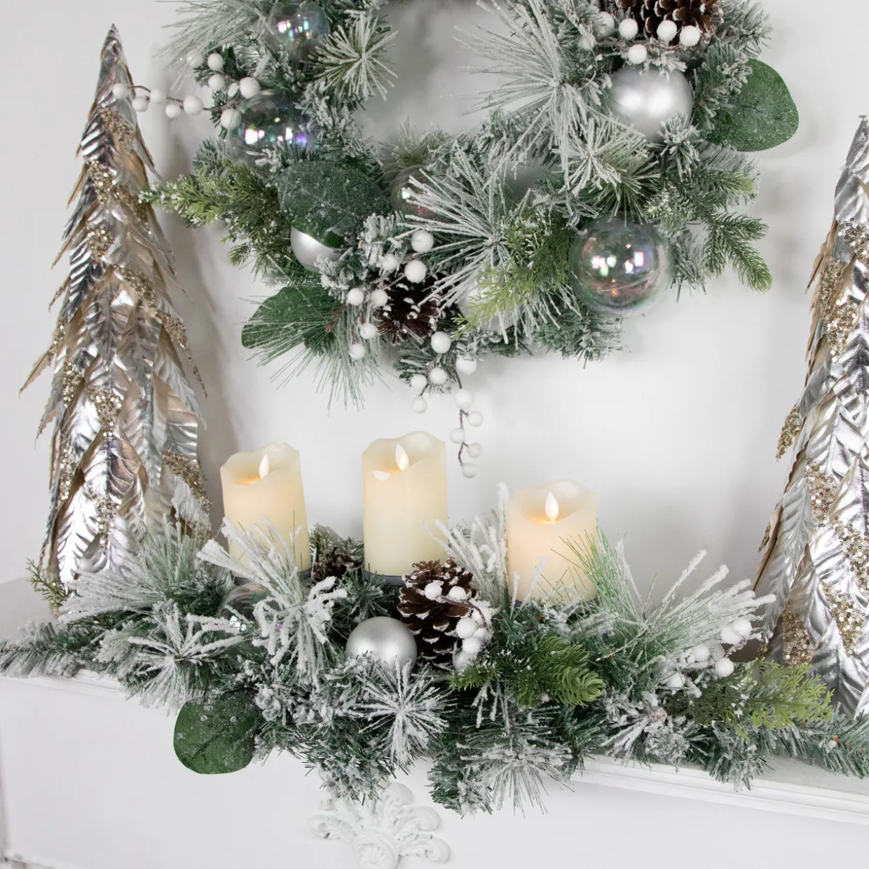 Flocked Pine Triple Candle Holder with Iridescent Christmas Ornaments - 30"