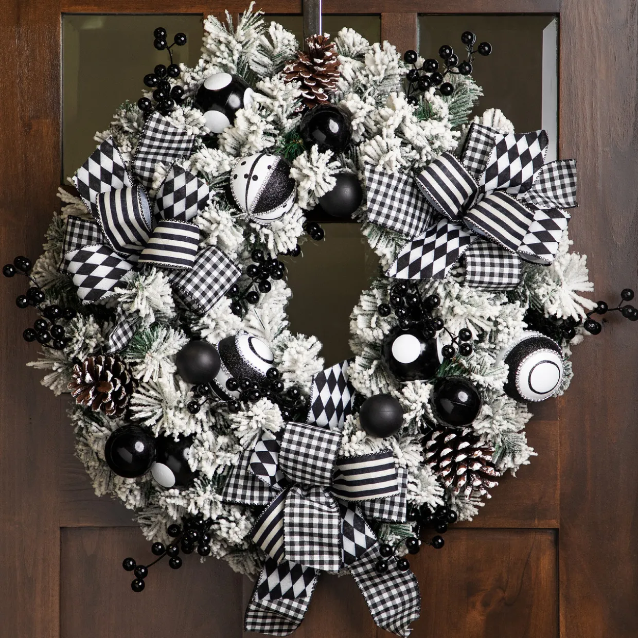 Flocked Pine with Harlequin Bows and Ornaments Christmas Wreath - 24" - Unlit