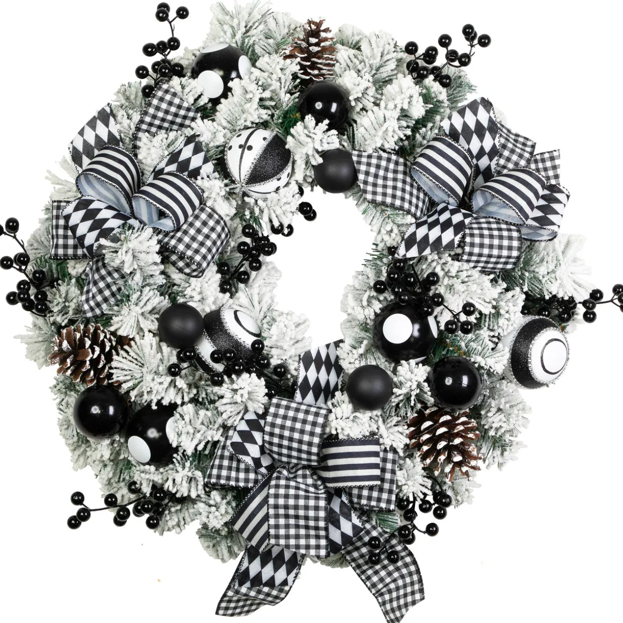 Flocked Pine with Harlequin Bows and Ornaments Christmas Wreath - 24" - Unlit