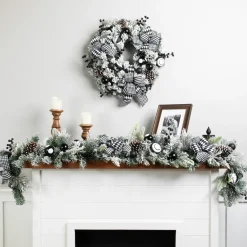Flocked Pine with Harlequin Bows and Ornaments Christmas Wreath - 24